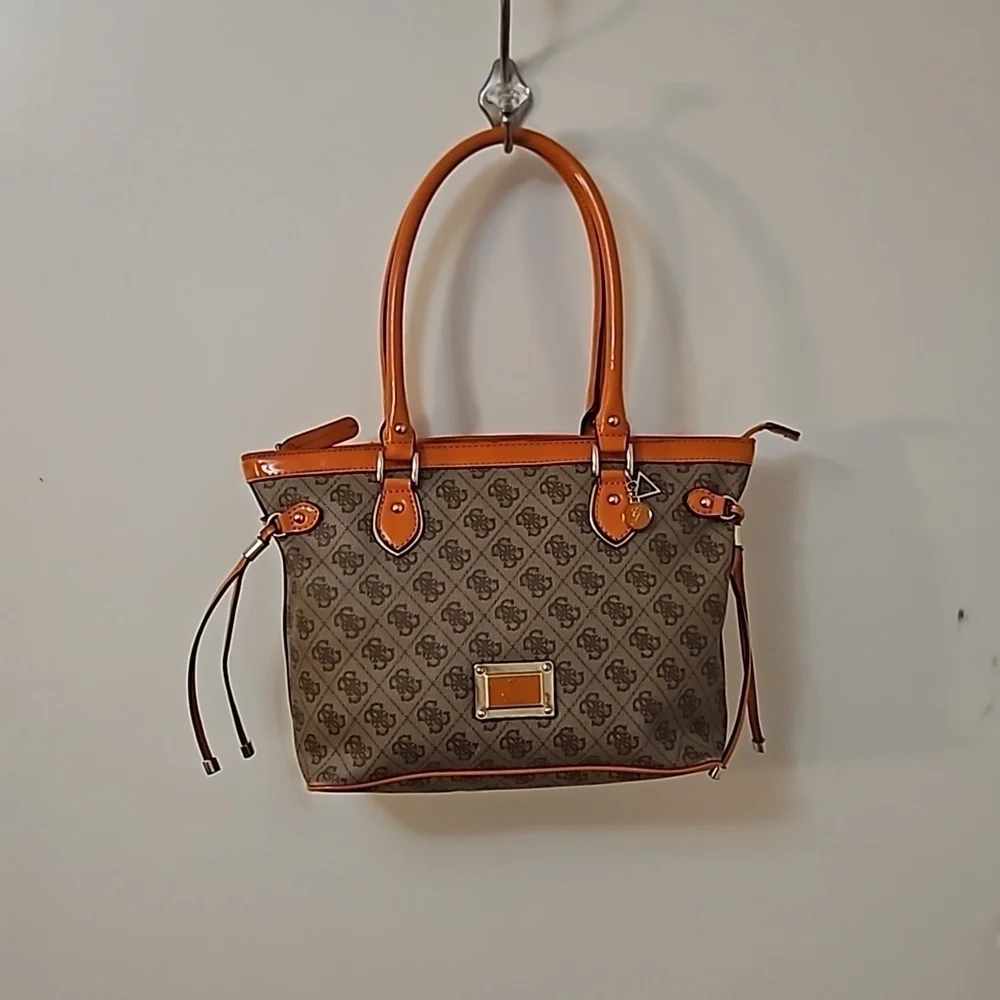 VTG GUESS 1990s Brown Orange Trim Logo Monogram Tote Bag